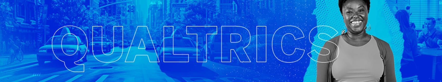 A banner in dark blue, teal, and purple with a smiling Qualtrics employee in the right corner and a city landscape in the back ground of the banner image