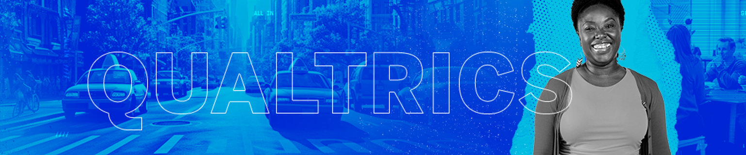 A banner in dark blue, teal, and purple with a smiling Qualtrics employee in the right corner and a city landscape in the back ground of the banner image
