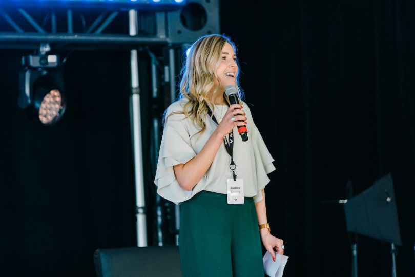 Director of Sales Justine Songey speaks at Verkada’s global sales kickoff.